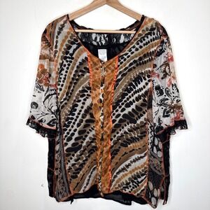 Alain Weiz Silk Button Blouse Top Women's US 22 Layer Art Wear Lace Animal Print